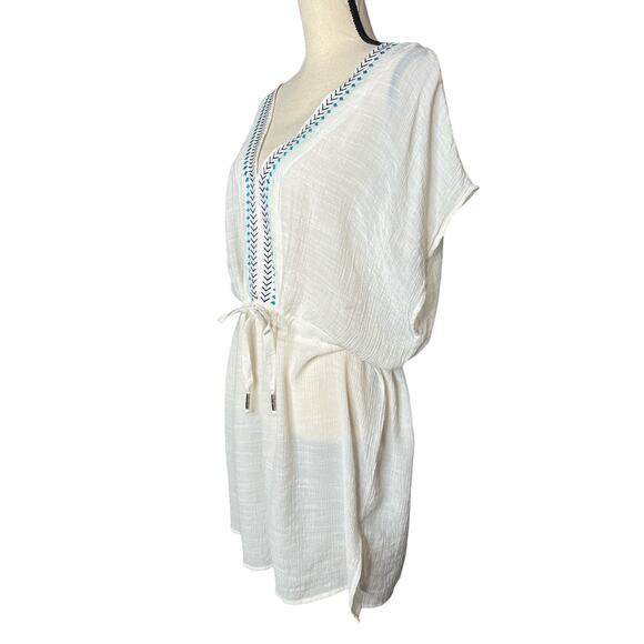 Kona Sol Swimsuit Cover in White w/Embroidery at Neckline Tie Waist Size XL - Picture 3 of 6